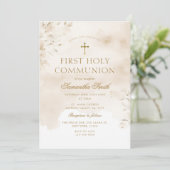 Beige Waterverf Goudkruis Eerste Heilige Communie Kaart (Staand voorkant)
