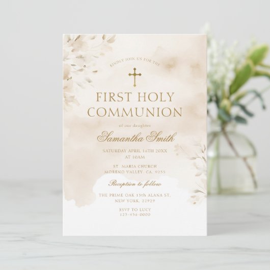 Beige Waterverf Goudkruis Eerste Heilige Communie Kaart (Staand voorkant)