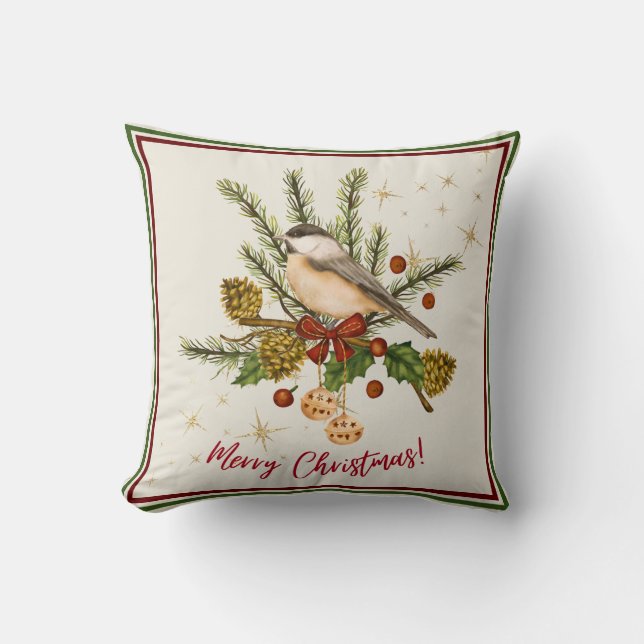 Beige Waterverf Illustratie Vrolijk kerstfeest Kussen (Voorkant)
