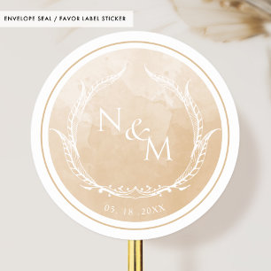 Beige Waterverf Monogram Envelope Seal/Favor Ronde Sticker