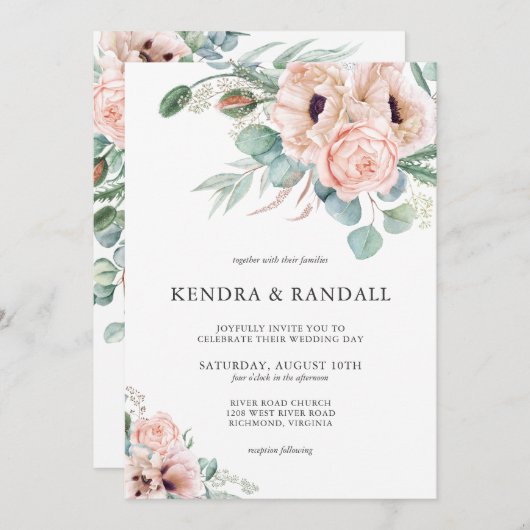 Beige Waterverf Poppies en groen bruiloft Kaart (Voorkant / Achterkant)