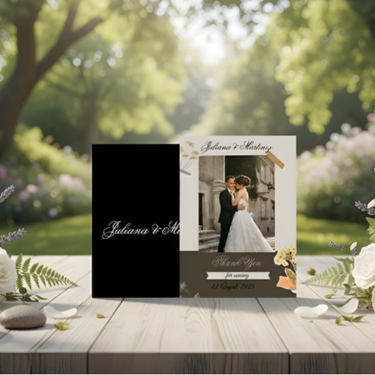 Beige Wedding Invitation with Bride & Groom Photo Kaart