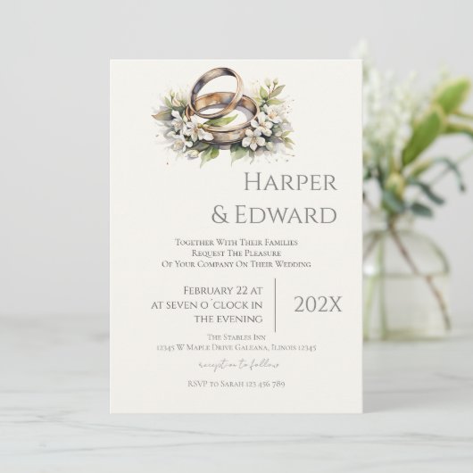 beige wedding invitation with ring kaart (Staand voorkant)