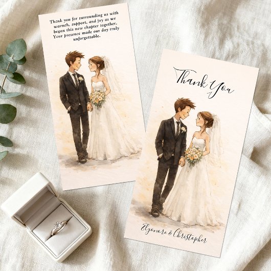 Beige Whimsical Watercolor Romantic Couple Wedding Bedankkaart