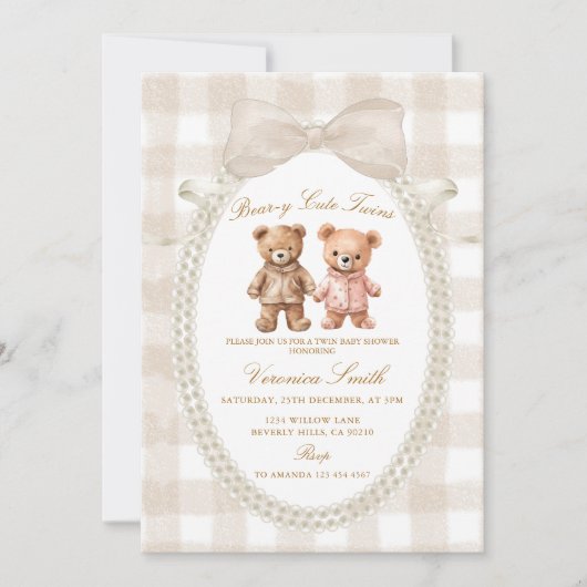 Beige White Bear-y Cute Twins Bear Baby Shower Kaart (Voorkant)