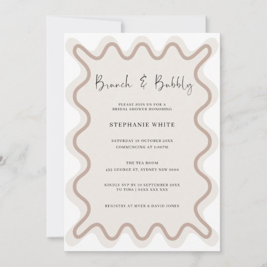 Beige White Border Brunch en Bubble Uitnodiging (Voorkant)