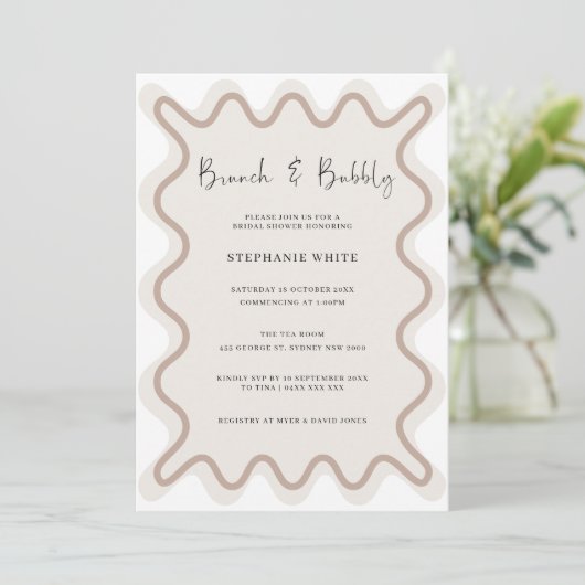 Beige White Border Brunch en Bubble Uitnodiging (Staand voorkant)