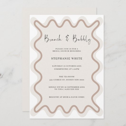 Beige White Border Brunch en Bubble Uitnodiging (Voorkant / Achterkant)