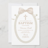 Beige White BOW Pearls Girl Baptism Christening Kaart (Voorkant)
