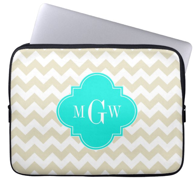 Beige White Chevron Aqua Quatrefoil 3 Monogram Laptop Sleeve (Voorkant)