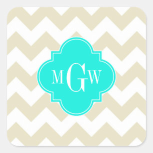 Beige White Chevron Aqua Quatrefoil 3 Monogram Vierkante Sticker