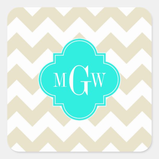 Beige White Chevron Aqua Quatrefoil 3 Monogram Vierkante Sticker (Voorkant)