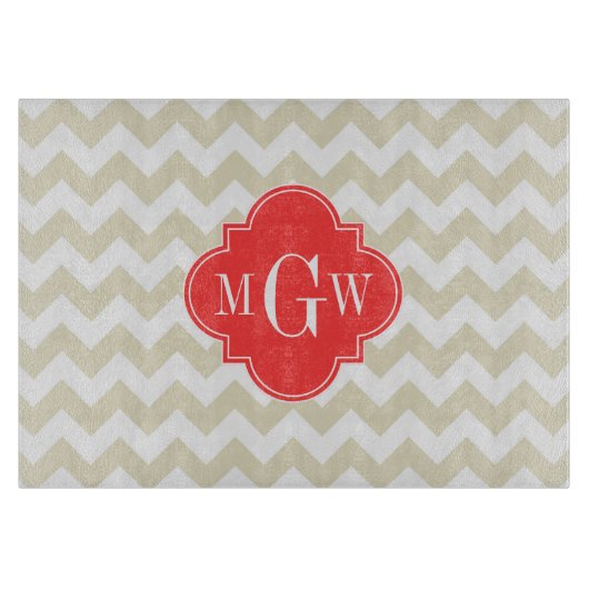 Beige White Chevron Coral Quatrefoil 3 Monogram Snijplank (Voorkant)
