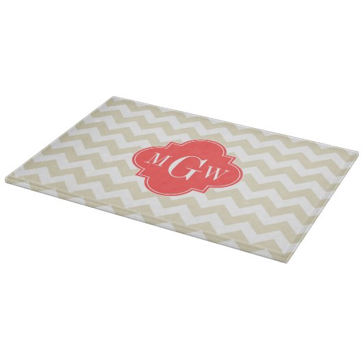Beige White Chevron Coral Quatrefoil 3 Monogram Snijplank (Hoek)