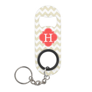 Beige White Chevron Coral Red Quatrefoil Monogram Sleutelhanger Flessenopener