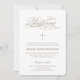 Beige White Elegant Calligraphy Christening Kaart