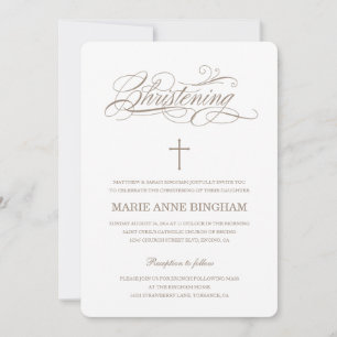Beige White Elegant Calligraphy Christening Kaart