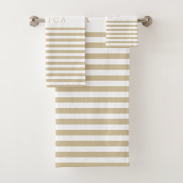 Beige & White Farmhouse Stripe Pattern Personalise Bad Handdoek