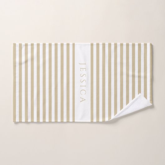 Beige & White Farmhouse Stripe Pattern Personalise Bad Handdoek (Handdoek)