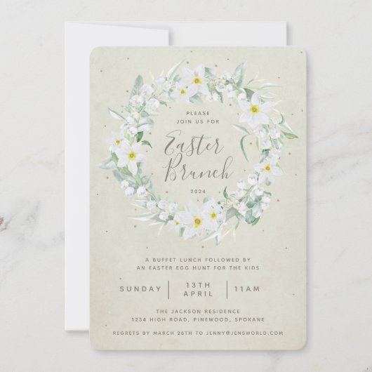 Beige + White Floral Wreath Easter Brunch Kaart (Voorkant)