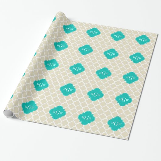 Beige White LG Chevron Blauwgroen naam Monogram Cadeaupapier (Uitgerold)