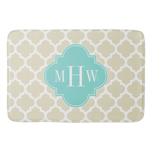 Beige, White Moroccan #5 Aqua 3 Initiaal monogram Badmat (Voorkant)
