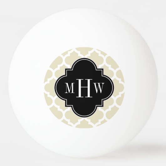 Beige, White Moroccan #5 Black 3 Initiaal monogram Pingpongbal (Voorkant)