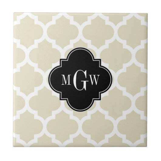 Beige, White Moroccan #5 Black 3 Initiaal monogram Tegeltje (Voorkant)