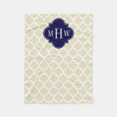 Beige, White Moroccan #5 Navy 3 Initiaal Monogram Fleece Deken (Voorkant)