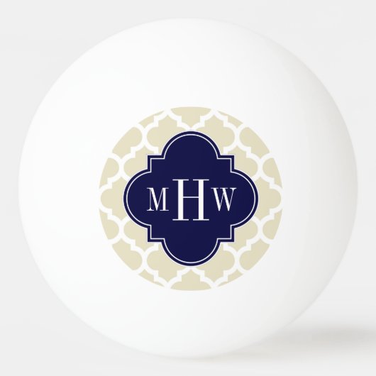 Beige, White Moroccan #5 Navy 3 Initiaal Monogram Pingpongbal (Voorkant)