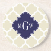 Beige, White Moroccan #5 Navy 3 Initiaal Monogram Zandsteen Onderzetter (Voorkant)