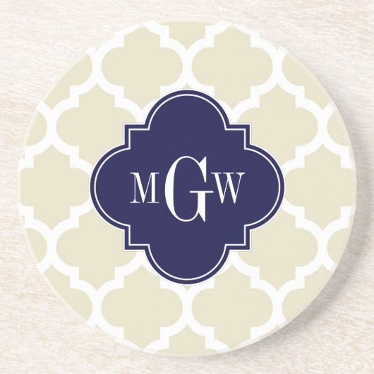 Beige, White Moroccan #5 Navy 3 Initiaal Monogram Zandsteen Onderzetter (Voorkant)