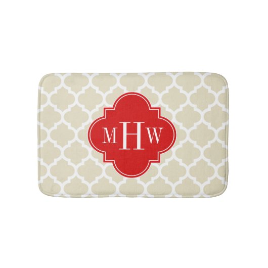 Beige, White Moroccan #5 Red 3 Initiaal monogram Badmat (Voorkant)