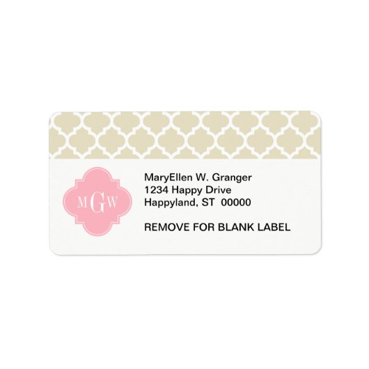 Beige, White Moroccan #5 Roze 3 Initiaal monogram Etiket (Voorkant)