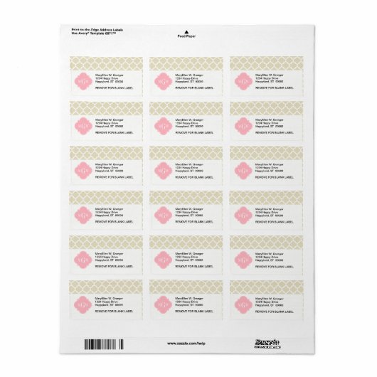 Beige, White Moroccan #5 Roze 3 Initiaal monogram Etiket (Full Sheet)