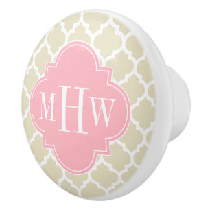 Beige, White Moroccan #5 Roze 3 Initiaal monogram Keramische Knop