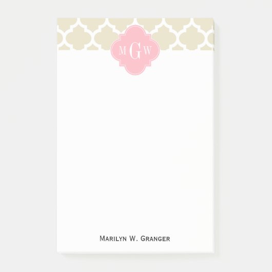 Beige, White Moroccan #5 Roze 3 Initiaal monogram Post-it® Notes (Voorkant)