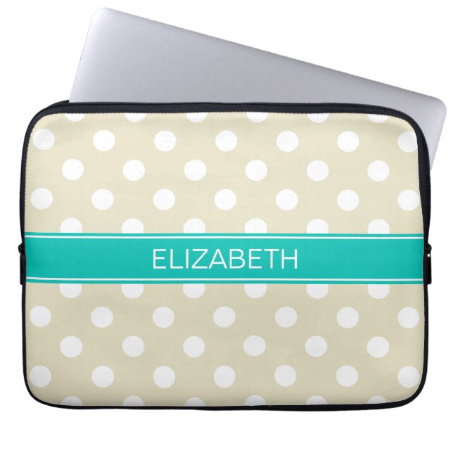 Beige White Polka Dots #2 Blauwgroen Monogram Laptop Sleeve (Voorkant)