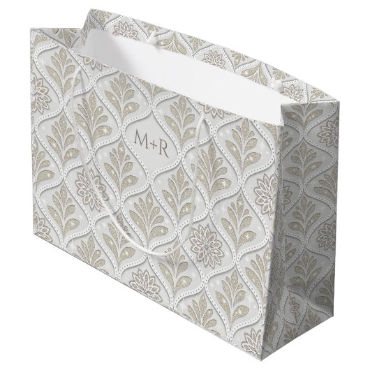 Beige & White Sparkling Quatrefoil Pattern Groot Cadeauzakje (Achterkant Gekanteld)