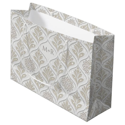 Beige & White Sparkling Quatrefoil Pattern Groot Cadeauzakje (Voorkant Gekanteld)