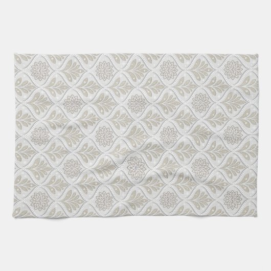 Beige & White Sparkling Quatrefoil Pattern Theedoek (Horizontaal)