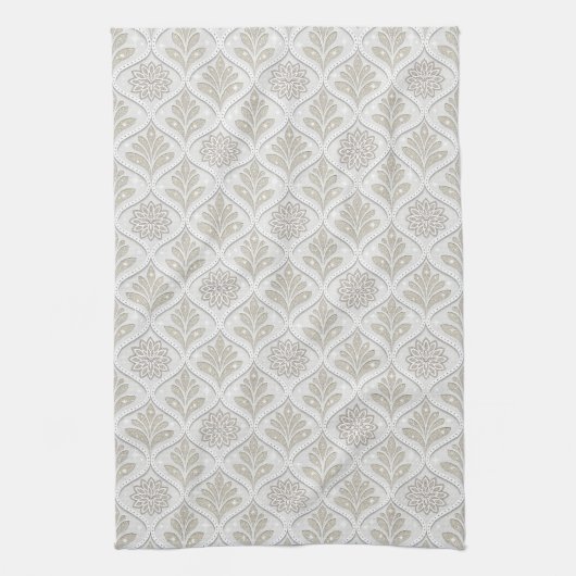 Beige & White Sparkling Quatrefoil Pattern Theedoek (Verticaal)