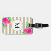 Beige White Stripe Pink Waterverf Floral Monogram Bagagelabel (Voorkant horizontaal)