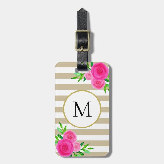 Beige White Stripe Pink Waterverf Floral Monogram Bagagelabel (Voorkant verticaal)