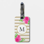 Beige White Stripe Pink Waterverf Floral Monogram Bagagelabel (Achterkant verticaal)