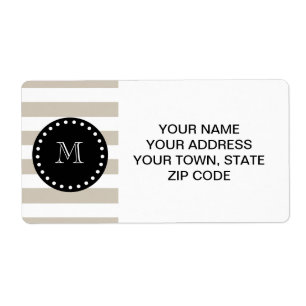 Beige White Stripes Pattern, Black Monogram Etiket