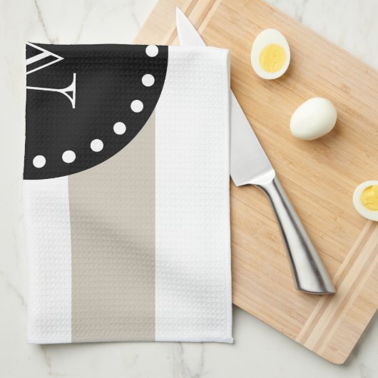 Beige White Stripes Pattern, Black Monogram Theedoek (Quarter Fold)