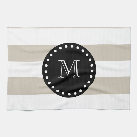 Beige White Stripes Pattern, Black Monogram Theedoek (Horizontaal)