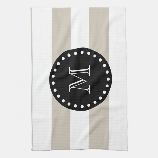 Beige White Stripes Pattern, Black Monogram Theedoek (Verticaal)