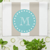 Beige White Stripes Pattern, Blauwgroen Monogram Theedoek (Gevouwen)